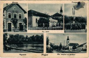 Negyed, Neded; Vasútállomás, Vág részlet, Református iskola, Katolikus templom és iskola, országzászló / railway station, Váh river, Calvinist school, Catholic church and school, Hungarian flag (EK)