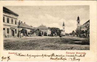 1905 Monor, Kossuth tér, templomok, takarékpénztár. Herodek István kiadása (fl)