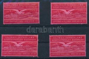 1932 Columbia Postagalamb Sportegyesület Budapest, 4 db vörös színű levélzáró