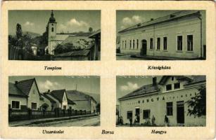 Borsa, Templom, községháza, utca, Hangya üzlete / church, town hall, street, cooperative shop (EK)