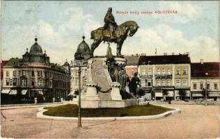 1912 Kolozsvár, Cluj; Mátyás király szobor, tér, Haraszthy Jenő, Farkas üzlete, Erdélyi Bank, drogéria. Bernát papíros kiadása / statue, square, shops, bank, drugstore (EK)