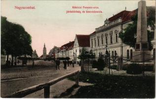 Nagyszombat, Tyrnau, Trnava; II. Rákóczi Ferenc utca, Kir. járásbíróság, Honvéd emlék / street, court, military heroes statue