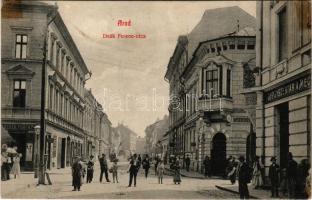 Arad, Deák Ferenc utca, gyógyszertár, Ruzsek Ferenc üzlete / street view, pharmacy, shops