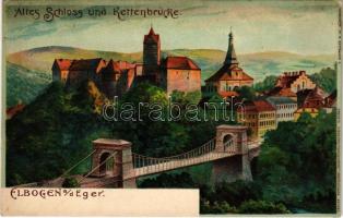 Loket, Elbogen; Altes Schloss und Kettenbrücke / castle, bridge. litho