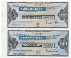 Zambia 1987. 10K + 20K "Barclays Bank" utazási csekk (2xklf), aláírással, hátoldalán felülbélyegzéssel és bélyegekkel T:AU-XF Zambia 1987. 10 Kwacha + 20 Kwacha "Barclays Bank" traveller's cheque (2xdiff), with signature, overprint and stamped on the back C:AU-XF