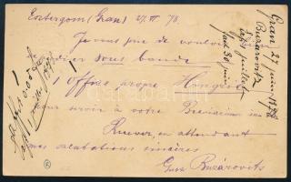 1878 Díjkiegészített díjjegyes levelezőlap Esztergomból Belgiumba