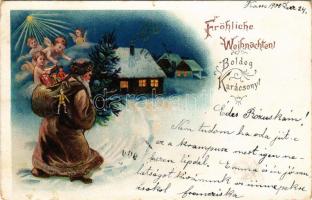 1900 Fröhliche Weihnachten / Boldog Karácsonyt / Christmas greeting art postcard, Saint Nicholas with toys and angels. litho (EK)