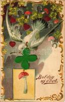 1906 Boldog Újévet / New Year greeting art postcard, pigeon, mushroom, clovers, horseshoe. Art Nouveau, Emb. litho (EK)