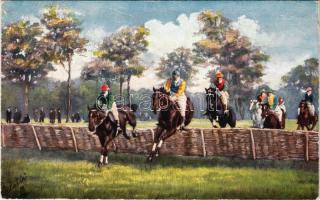 Horse racing, Raphael Tuck &amp; Sons' "Oilette" Steeplechasing "Taking the hurdle" Postcard 9118. (EK)