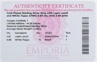 Aranyozott ezüst (Ag) gyűrű, lapis lazulival (5,81ct) és fehér topázzal 0,06. Jelzett, br 3,58 g tan...