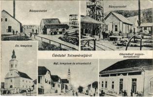 1935 Váralja, Tolnaváralja; Bánya részlet, evangélikus és református templom, utca, Oberndorf vegyeskereskedés üzlete. Steegmüller (EB)