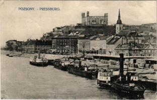 1911 Pozsony, Pressburg, Bratislava; Dunapart, hajók, vár, Mária Terézia szobor / Danube riverside, ships, castle, monument