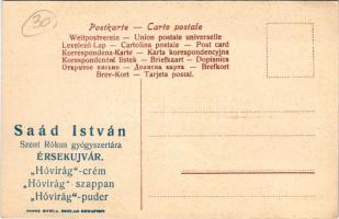 Érsekújvár, Nové Zámky; Saád István Szent Rókus gyógyszertára reklám: Hóvirág-crém, szappan és púder litho művészlapon / pharmacy advertisement on a litho art postcard