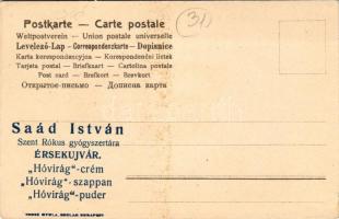 Érsekújvár, Nové Zámky; Saád István Szent Rókus gyógyszertára reklám: Hóvirág-crém, szappan és púder litho művészlapon / pharmacy advertisement on a litho art postcard (fl)