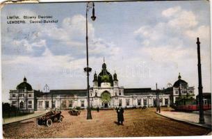 1916 Lviv, Lwów, Lemberg; Glówny Dworzec / Bahnhof / railway station, tram, automobile + "K.u.k. Militärzensur" (EK)