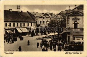 1943 Munkács, Mukacheve, Mukacevo; Horthy Miklós tér, MÁVAUT autóbusz, üzletek / square, autobus, shops (EK)