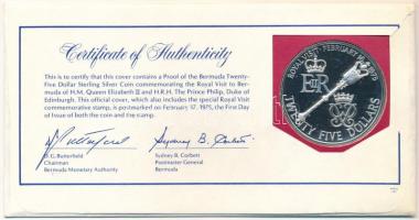 Bermuda 1975. 25$ Ag "II. Erzsébet" érmés borítékban, első napi bélyegzős bélyeggel, "...