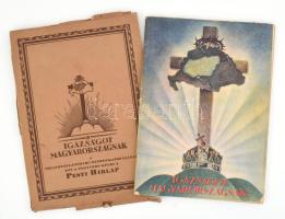 cca 1930 Igazságot Magyarországnak! Trianon kegyetlen tévedései. A Pesti Hírlap ötvenéves fennállása alkalmából. Irredenta emlékkiadvány, fekete-fehér és színes képekkel, Dr. Légrády Ottó, a Pesti Hírlap főszerkesztője bevezető írásával. Kiadói tűzött papírkötés, (2)+150 p. Eredeti, sérült kiadói kartontokban.