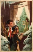 1952 Kellemes Ünnepeket! Magyar szocialista (szocreál) üdvözlőlap úttörőkkel. Művészeti Alkotások kiadása / Hungarian Socialist propaganda, Christmas greeting art postcard (kis szakadás / small tear)