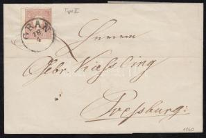 1860 10kr II. látványos elfogazással távolsági levélen, friss darab / with shifted perforation, fresh piece "GRAN" - "PRESSBURG"