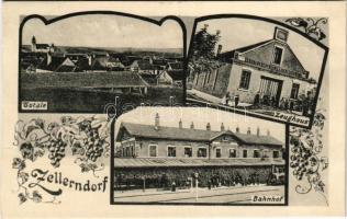 1916 Zellerndorf, Bahnhof, Totale, Zeughaus der Freiwilligen Feuerwehr / railway station, armory of the volunteer firefighter department. Art Nouveau montage (fa)