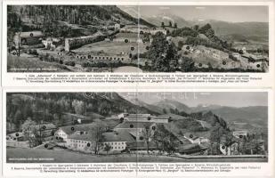 Obersalzberg (Berghof von Adolf Hitler) vor und nach der Zerstörung - 2 db modern két részes kinyitható panorámalap Hitler náci rezidenciájáról a szétlövés előtt és után / 2 modern 2-tiled folding panorama postcards before and after destroying Hitler's Nazi residence