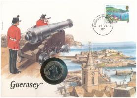 Guernsey 1987. 5p Cu-Ni felbélyegzett borítékban, bélyegzéssel, német nyelvű leírással T:UNC Guernsey 1987. 5 Pence Cu-Ni in envelope with stamp, cancellation and with German description C:UNC