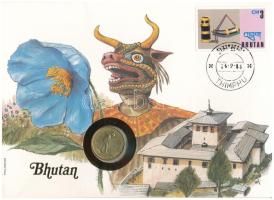 Bhután 1974. 20ch Cu-Al-Ni "FAO" forgalmi emlékérme felbélyegzett borítékban, bélyegzéssel, német nyelvű leírással T:UNC Bhutan 1974. 20 Chetrums Cu-Al-Ni "FAO" circulating commemorative coin in envelope with stamp, cancellation and with German description C:UNC