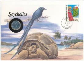 Seychelles-szigetek 1975. 5c felbélyegzett borítékban, bélyegzéssel, német nyelvű leírással T:UNC Seychelles 1975. 5 Cents in envelope with stamp and cancellation, with German description C:UNC