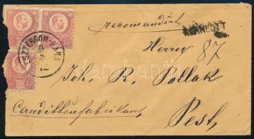 1872 3 x Réznyomat 5kr (2 bélyeg erősen sérült) ajánlott levélen (Samuel Schiller párkányi kereskedő dekoratív cégborítékja) "ESZTERGOM-NÁNA" - "PEST"