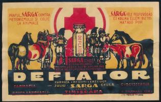 cca 1930 Deflator Timisoara Sárga féle felfúvódás és kolika elleni por címke 16x10 cm