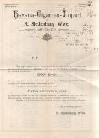 [Dohány, cigaretta.] Bremen, 1901 April. A "Havanna-Cigarren-Import von R. Siedenburg Wwe." cég fejléces, négy oldalas árjegyzéke. Az oldalak mérete: 290x220 mm, első oldalán korabeli, kézzel írt számítások.