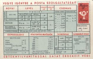 1962. "Vegye igénybe a posta szolgáltatásait". A Magyar Posta 1962. évi kártyanaptára, első oldalán díjszabási táblázattal.