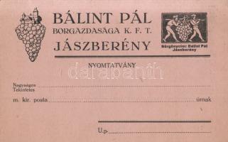 Cca 1930. Bálint Pál Borgazdasága Kft., Jászberény, négy oldalas, illusztrált reklámnyomtatványa, utolsó oldalán megrendelőlappal. Egy félbehajtott levél, teljes mérete: 146x185 mm.