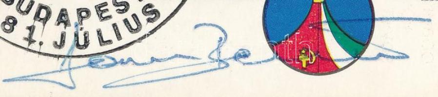 Farkas Bertalan (1949-) űrhajós aláírása az őt ábrázoló képen, alkalmi bélyeggel / Astronaut Bertala...