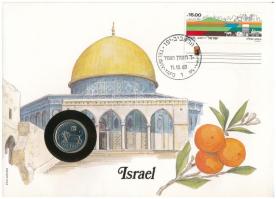 Izrael 1982. 1/2Sh Cu-Ni felbélyegzett borítékban, alkalmi bélyegzéssel, német nyelvű leírással T:UNC patina Israel 1982. 1/2 Sheqel Cu-Ni in envelope with stamp, and cancellation, with German description C:UNC patina