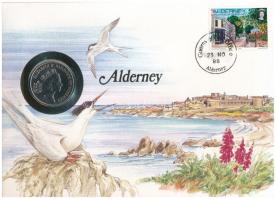 Guernsey / Alderney 1988. 10p Cu-Ni felbélyegzett borítékban, bélyegzéssel, német nyelvű leírással T:UNC Guernsey / Alderney 1988. 10 Pence Cu-Ni in envelope with stamp, cancellation, with German description C:UNC