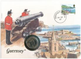 Guernsey 1987. 5p Cu-Ni felbélyegzett borítékban, bélyegzéssel, német nyelvű leírással T:UNC Guernsey 1987. 5 Pence Cu-Ni in envelope with stamp, cancellation and with German description C:UNC