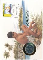 Maldív-szigetek 1982. 1R acél felbélyegzett borítékban, bélyegzéssel, német nyelvű leírással T:UNC patina Maldives 1982. 1 Rufiyaa steel in envelope with stamp and cancellation, with German description C:UNC patina