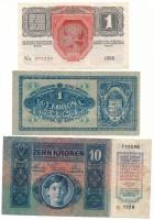 1916. 1K zöld "DEUSTCHÖSTERREICH" felülbélyegzéssel + 1920. 1K + 1915. 10K T:F, közte szép...