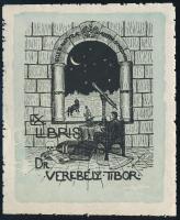 Almásy Denise [Almásy-Teleki Éva] (1893-1984): Ex libris Dr. Verebély Tibor. Vonalas klisé, papír, jelzett a klisén. Hajtásnyommal. 10×8 cm