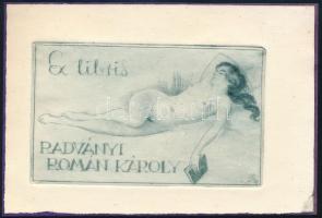 Bajor Ágost (1892-1958): Erotikus ex libris Radványi Román Károly, rézkarc, papír, jelzett a karcon, 7x11,5 cm