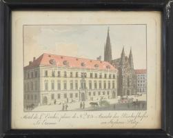 cca 1800 Püspöki palota udvara, Bécs Ansicht des Bisschofhofes am Stephans-Platze. Kézzel színezett rézmetszet, papír, jelzés nélkül, üvegezett fakeretben / Coloured copper engraving, 10x12 cm