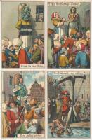 9 db régi E. Nister humoros litho művészlap középkori kínzásokról / 9 pre-1945 E. Nister humorous litho art postcards about mediaeval tortures