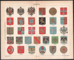 cca 1896 'Rendjelek', és 'Címerek' 2 db litográfia, Pallas Nagy Lexikona, Bp., P...