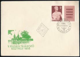 1958 Keszthelyi Ifjúsági Találkozó vágott szelvényes bélyeg FDC-n