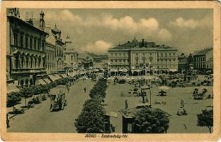 Arad, Szabadság tér, piac, emelete autóbusz / market, double-decker autobus (EK)