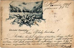 1898 (Vorläufer) Kassa, Kosice; Fő tér, villamos. Breitner Mórnál kapható, szecessziós lap / main square, tram. Art Nouveau, floral (EB)