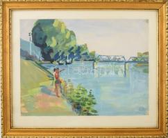 Húth István (?-1984): Tokaj, Tiszapart. Akvarell, papír, jelzett. Dekoratív, üvegezett fakeretben. 3...