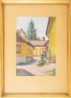 Húth István (?-1984): Kirándulás Szentendrére. Tempera, papír, jelzett. Dekoratív, üvegezett fakeret...